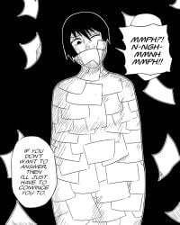naruto_(series) shizune konan bondage interrogation encasement defeated_heroine captured_heroine angry resisting restrained paper_bondage villainess heroine black_hair manga_style gagged gaijougqijoue_(artist)