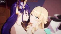 2girls 3d animated aolia_(aoliagon) blonde_hair blurry_background closed_eyes drill_hair drill_sidelocks earrings female female_only fingering genshin_impact hair_ornament indoors jewelry kissing long_hair multiple_girls navia_(genshin_impact) nude purple_hair pussy_rubbing raiden_shogun short_video shorter_than_30_seconds sound tagme upper_body video yuri