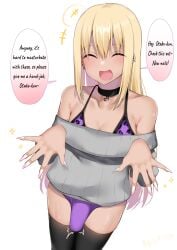 text 1boy balls balls_in_panties bikini blonde_hair bulge bulge_through_clothing translated kitajima_yuuki leopard_print long_hair long_nails male male_only nails otoko_no_ko penis talking_to_viewer white_background trap femboy