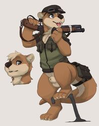 animal_genitalia balls bottomless clothed clothing gun male male_only mammal mustelid otter penis ranged_weapon seth-iova sheath smile weapon