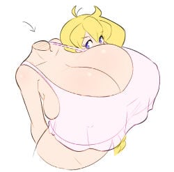 1girl blonde_hair boobs breasts cassie_(theycallhimcake) cleavage dullahan female gigantic_breasts headless simple_background solo theycallhimcake tits white_background