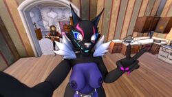 sunspot_(fortnite) highwire_(fortnite) breasts_out breasts photo camera_pov camera_view surprised_expression surprised_look surprised_reaction gun pierced_nipples furry anthro fortnite female male black_fur black_skin fur purple_nipples jacket gloves standing