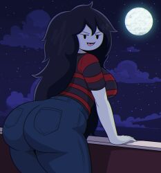superbage adventure_time cartoon_network vampire vampire_girl marceline marceline_abadeer clothing female female_only ass ass_focus clothed jeans black_hair long_hair bite_mark bite_marks bite_mark_on_neck grey_body grey_skin gray_skin gray_body tagme background night night_sky full_moon leaning_forward looking_back looking_at_viewer