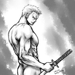 1:1 1boy 2012 ass dated katana lowres male male_only monochrome muscular one_piece roronoa_zoro simple_background solo wanio_szszs