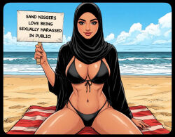 ai_generated arabian arabian_clothes arabian_female artist:cswiz asking_for_it baiting beach beach_towel bikini burka english_text flashing hijab holding_object holding_sign looking_at_viewer muslim muslim_female ocean raceplay racial_fetishization racial_slur sitting slur string_bikini tagme