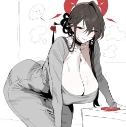 nihii_(veri12121212) blue_archive kokuriko_(blue_archive) 1girls large_breasts breasts covered_erect_nipples 2025 clothing milf halo brown_hair blush red_eyes lipstick pale_skin pale_skinned_female spider_web_pattern jewelry choker earrings hair_stick hair_ornament eyeliner 2d tagme