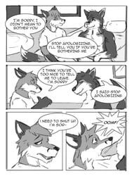 animal_genitalia animal_penis bucketz canine canine_penis clothed clothing comic dan_(character) dialogue english_text erection fox fur hair hi_res lagomorph male mammal nude open_mouth oral penetration penis scarredbeast sex smile speech_bubble teeth text werefox yaoi