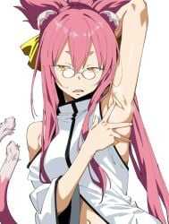 1girl armpits blazblue cat_girl cat_tail commentary_request detached_sleeves glasses hair_between_eyes hair_ribbon henyaan_(oreizm) highres long_hair looking_at_viewer multiple_tails navel orange_eyes pince-nez pink_hair presenting_own_armpit ribbon shirt simple_background solo spread_armpit tail white_background white_shirt white_sleeves yellow_ribbon