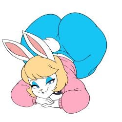 iggy-bomb 1girls shortstack furry furry_only furry_female blonde_hair blue_eyes eyeshadow white_fur rabbit_ears rabbit rabbit_girl huge_ass simple_background solo original original_character wide_hips thick_thighs lying smug yoga_pants jacket