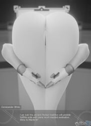 1girls 3d ass bending_over big_ass clothed clothing dochaunt24 english_text female female_only light-skinned_female light_skin monochrome nier nier:_automata praise_da_booty_(meme) rear_view solo text yorha_commander