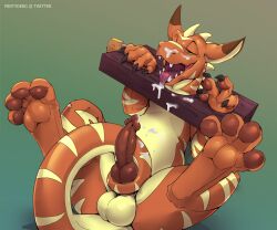 2021 after_orgasm anthro balls bodily_fluids brown_penis countershade_balls countershade_crotch countershade_genitalia countershade_neck countershade_tail countershade_torso countershading cum cum_on_chest cum_on_face cum_on_self cum_on_tail erection genital_fluids genitals gradient_background green_eyes hi_res knot knotted_penis kobold licking_cum looking_pleasured male male_anthro mintyderg nogard nude nude_anthro nude_male open_mouth orange_body penis restraints scalie sex simple_background slightly_chubby slightly_chubby_anthro slightly_chubby_male solo stocks striped_body stripes tail tail_around_penis tail_fetish tail_play tail_sex tailjob tongue tongue_out yellow_body