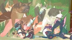 4dogs animal_ears animal_tail barefoot barefoot_on_grass bottomless brown_hair canid canid_on_humanoid canine canine_on_humanoid clothed clothed_sex cum cum_in_ass cum_inside cum_leaking cum_leaking_out_of_anus doggy_style eyes_rolling_back feral feral_on_humanoid feral_penetrating feral_penetrating_humanoid foot_up gay genshin_impact gorou_(genshin_impact) heart_eyes humanoid_on_feral male/male not-my-business open_mouth outdoor_sex outdoors tail tighnari_(genshin_impact) tongue tongue_out waiting_for_turn zoophilia