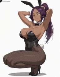 1girl 1girls ai_generated armpits arms_behind_head black_bowtie black_footwear bleach bleach:_the_thousand-year_blood_war bowtie breasts covered_navel dark-skinned_female dark_skin fake_animal_ears fake_tail fishnet_pantyhose fishnets hair_tie hi_res high_heels high_ponytail high_quality high_resolution highres large_breasts legs legs_together light lips long_hair looking_at_viewer nose opal_nemy patreon_logo patreon_url patreon_username plain_background playboy_bunny purple_hair rabbit_ears rabbit_tail self_upload shadow shihouin_yoruichi shiny shiny_clothes shiny_hair shiny_skin simple_background solo squatting thighs watermark white_background yellow_eyes yoruichi_shihouin