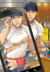1boy abs big_areola breasts cap flaccid fundoshi gay genital_outline grocery_store hi_res indoors looking_at_viewer male male_only manly mature_male muscles muscular muscular_arms muscular_male mushroom original original_character pecs phone phone_app phone_screen red_fundoshi robronx35498_(pixivid=35498) rokushaku_fundoshi see-through shop smartphone solo standing user_interface yaoi