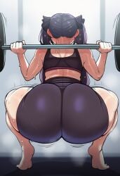 1girls 2d ai_generated back back_view barefoot big_ass black_gym_shorts black_shorts black_sports_bra bubble_ass cellulite crouching dark_purple_hair fat_ass female female_focus female_only full_body genshin_impact gym gym_bra gym_clothes gym_shorts gym_uniform hi_res hibiki120 hoyoverse huge_ass lifting lifting_weights light-skinned_female long_hair mona_(genshin_impact) round_ass solo sports_bra standing sweaty thick_thighs thight_clothing tied_hair training twintails weightlifting weights wide_hips workout