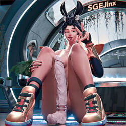 1440p 3d 3d_(artwork) anran armwear ass bedroom blender blender_(artwork) blender_cycles bloom blurry_background breasts bunny_ears dark_hair dildo earrings easter hand_on_thigh huge_dildo indoor_lighting indoors light-skinned_female nude nude_female orange_eyes overwatch pink_dildo plants sgejinx_(artist) shoes sitting sitting_on_floor thick_thighs thighs tongue tongue_out v_sign white_dildo