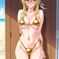 lumine_(genshin_impact) 1girl alternate_costume arm_behind_back ass_visible_through_thighs bare_shoulders beach bikini blonde_hair blush breasts cleavage cloud collarbone cowboy_shot day feather_hair_ornament feathers female gold_bikini groin hair_between_eyes hair_ornament highleg highleg_bikini large_breasts looking_at_viewer mole mole_on_breast navel navel_piercing ocean outdoors parted_lips piercing shiny_skin shiny_swimsuit short_hair_with_long_locks side-tie_bikini_bottom sidelocks skindentation solo standing stomach string_bikini swimsuit thigh_gap yellow_eyes ai_generated genshin_impact