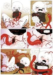 >_< 2026 bdsm begging_to_stop black_collar black_spikes black_straitjacket blood blush bodily_fluids body_fur bondage bound chain chained clenched_teeth collar comic commentary crying deep_wound demon demon_humanoid digital_drawing_(artwork) digital_media_(artwork) duo embarrassed english_commentary english_text eyes_closed female firealpaca_(artwork) flustered fur genital_fluids green_eyes hi_res humanoid humiliation jejejunum leg_spikes looking_at_another lying monster_girl_(genre) mumble_(jejejunum) on_back open_mouth open_smile pain parasite restraints rotting sadism scared screech_(jejejunum) sewn_crotch sex sexual_assault sitting smile snot sound_effects spikes spikes_(anatomy) stitch_(sewing) straitjacket streaming_tears tears teeth tentacles text upper_teeth_only white_body white_fur worm wounded