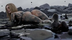 1female 1girls 3d 3d_(artwork) ass ass_focus barefoot batesz big_ass blender blender_(software) blonde_hair celebrity death_stranding death_stranding_2:_on_the_beach elle_fanning feet female female_only foot_fetish green_eyes long_hair nude nude_female shaved_pussy small_breasts solo thick_thighs tomorrow_(death_stranding)