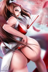 ass brown_eyes brown_hair customwaifus king_of_fighters mai_shiranui ponytail sideboob thong tied_hair