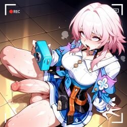 1futa 1girl ahegao ai_generated arm_support battery_indicator black_choker blue_eyes blue_jacket blue_skirt blush breasts camera choker clothing erection futa_only futanari futanari_masturbation guns_girlz_(series) hair_between_eyes holding holding_camera honkai:_star_rail huge_penis huge_testicles intersex jacket large_breasts large_penis large_testicles light-skinned_futa long_sleeves lunaart march_7th_(honkai:_star_rail) medium_breasts on_floor open_mouth penis pink_hair precum recording rolling_eyes saliva shirt sitting skirt solo sweat teeth testicles thighs tied_jacket tile_floor tiles tongue tongue_out veins veiny_penis white_shirt