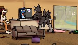 2026 3_toes 4_fingers anthro avian balls barefoot big_balls big_breasts big_penis bird black_body black_claws black_feathers black_glans black_penis blue_body blue_eyes blue_hair blue_pupils blue_scales blush bodily_fluids bottomwear breasts butt casual_nudity claws clothed clothing corvid corvus_(genus) crow eggplant_emoji eyebrows eyeshadow eyewear fangs feathers feet female fingers footwear furniture genitals glans glasses green_clothing green_footwear green_shoes grey_balls grey_body grey_eyewear grey_feathers grey_glasses group hair humanoid_genitalia humanoid_penis jewelry kerchief lizard looking_down makeup male maria_(ultilix) motion_lines necklace open_mouth orange_bottomwear orange_clothing orange_pants oscine pants passerine pater_(ultilix) penis pupils purple_eyeshadow purple_hair raised_eyebrow red_kerchief reptile scales scalie sharp_teeth shirt shoes smile smirk snake sofa speaker speech_bubble standing sweat tail tail_feathers talons tank_top teeth toe_claws toes topless topwear trio ulti_(ultilix) ultilix underwear white_body white_clothing white_scales white_shirt white_tank_top white_topwear white_underwear yelling yellow_eyes yellow_sclera