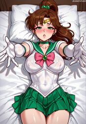 bishoujo_senshi_sailor_moon kino_makoto makoto_kino sailor_jupiter toei_animation jousneystudio ai_generated 1girl clothing female sailor_moon_(series) brown_hair green_sailor_collar green_choker green_eyes breasts sailor_senshi_uniform skirt green_skirt sailor_collar white_gloves earrings blush covered_navel gloves elbow_gloves solo hair_bobbles looking_at_viewer choker lying jewelry covered_nipples on_back pillow ponytail pleated_skirt hair_ornament large_breasts on_bed pink_bowtie bed pink_bow parted_lips white_leotard long_hair patreon_username tiara collarbone leotard see-through bow reaching_towards_viewer thighs trembling reaching circlet miniskirt flower_earrings outstretched_arms artist_name head_on_pillow bed_sheet web_address