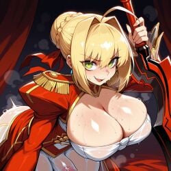 1futa 1girl aestus_estus ahoge ai_generated bangs blonde_hair blush braid breasts bulge cleavage clothing covered_penis covered_testicles dress earrings epaulettes erection erection_under_clothes fang fate/extra fate/grand_order fate_(series) french_braid futa_only futanari green_eyes hair_bun hair_intakes hair_ornament hair_ribbon holding holding_sword holding_weapon huge_breasts jewelry juliet_sleeves large_breasts light-skinned_futa long_hair long_sleeves looking_at_viewer lunaart nero_claudius_(fate) nero_claudius_(fate/extra) open_mouth penis puffy_sleeves red_dress red_ribbon ribbon see-through single_hair_bun skin_fang smile solo sweat sword testicles thighs weapon wet