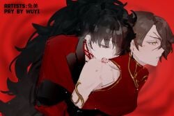2girls bite_mark black_hair cinder_fall necklace raven_branwen red_eyes rwby toxic_yuri wuyi1551