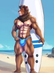 2025 abs anthro areola barazoku beach big_bulge biped blue_clothing blue_eyes blue_speedo blue_swimwear blush brown_body brown_fur brown_hair bulge clothed clothing cloud darolion day detailed_bulge felid fingers front_view full-length_portrait fur hair hand_on_hip head_turned hi_res humanoid_hands lion looking_aside male mammal mane muscular muscular_anthro muscular_arms muscular_legs muscular_male navel nipples outside pantherine pecs plantigrade portrait pose pubes sand sea short_hair sky smile solo speedo speedo_only standing surfboard swimwear tan_body tan_fur topless water
