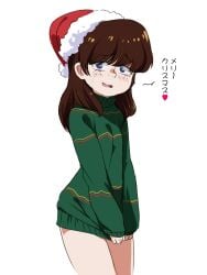 blue_eyes blush brown_hair christmas christmas_hat christmas_outfit embarrassed female japanese_text jcm2 looking_at_viewer lynn_loud nickelodeon nicktoons no_panties shy sweater t-shirt_only text the_loud_house thighs