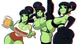 iggy-bomb hairbun black_hair green_eyes green_skin blunt_bangs pointy_ears shortstack goblin_female female_only 1girls pasties beer cigarette smoking hooters hooters_uniform original_character original svetlana_(iggy-bomb) huge_breasts thick_thighs ass fang single_hair_bun earrings choker elbow_gloves thighhighs cleavage thong eyeshadow