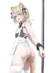 1boy absurdres anal anal_object_insertion anal_tail animal_ears apron arms_behind_back ass bell blonde_hair blush bound bound_wrists cat_ears commentary_request crossdressing crossdressing_(mtf) cuffs fake_animal_ears fake_tail frilled_apron frills from_behind garter_belt highres looking_at_viewer looking_back maid maid_apron maid_headdress male_focus miya_hayashi_(ummd7854) neck_bell nipples object_insertion open_mouth original restrained ribbon short_hair simple_background solo tail thighhighs tongue tongue_out trap waist_apron white_apron white_background white_thighhighs yellow_eyes