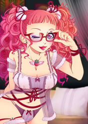 1girls 2010s 2016 bikini blush bra curly_hair detailed detailed_background ear_piercing earrings female female_only glasses hair hair_ornament light-skinned_female light_skin lingerie lipstick long_hair makeup mathelt miwako_sakurada nail_polish nails_painted necklace one_eye_closed one_eye_open painted_fingernails painted_nails panties paradise_kiss pink_hair purple_eyes ribbon ribbons solo stockings straight_bangs thin_eyebrows
