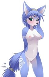 2016 alpha_channel anthro areola b-ern black_nose blue_fur blue_hair blush breasts canine clitoris female female_only fox fur furry jewelry krystal large_breasts looking_at_viewer mammal mancoin navel nintendo nipples nude pussy simple_background solo star_fox transparent_background white_fur