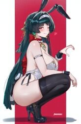 1girl 1girls ai_generated animal_ears astra_yao bangs bare_shoulders black_footwear black_hair black_legwear black_leotard blonde_hair blush braid breasts bunny_ears bunny_girl bunny_tail bunnysuit detached_collar dirresponsibly earrings eyebrows_visible_through_hair fake_animal_ears full_body hairband heart high_heels highleg jewelry large_breasts leotard long_hair looking_at_viewer one_eye_closed red_eyes smile solo squatting strapless_leotard thighhighs wrist_cuffs zenless_zone_zero