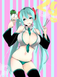 fatsune_miku hatsune_miku dixsept 1girls solo ice_cream vocaloid navel pocky eating food