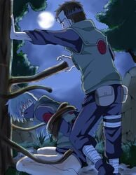 2boys bottomless hair hatake_kakashi kakashi_hatake male_only mask multiple_boys naruto outdoors public restrained scar silver_hair sitting tree undressing yamato_(naruto) yaoi