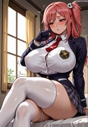dead_or_alive honoka_(doa) jousneystudio ai_generated 1girl clothing female legwear breasts crossed_legs gloves one_side_up white_thighhighs solo thighhighs blush necktie red_eyes skirt thighs hair_ornament pink_hair sitting uniform shirt black_gloves indoors white_legwear long_hair long_sleeves neckwear white_shirt bangs red_neckwear window patreon_username trembling large_breasts collared_shirt red_necktie single_glove school_uniform skull_hair_ornament jacket button_gap plaid_skirt plaid curtains huge_breasts parted_lips bed on_bed pleated_skirt taut_shirt thick_thighs sweat artist_name covered_nipples miniskirt thigh_strap black_skirt side_ponytail bedroom