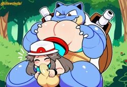 dlewdedai ai_generated ai_assisted 1girls 1boy pokemon leaf_(pokemon) pokephilia blastoise standing_69 big_dom_small_sub