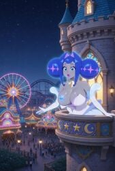 knights_of_guinevere glitch_productions princess_guinevere gwen_(knights_of_guinevere) guinevere one_breast_out theme_park blue_hair grey_skin grey_body surprised surprised_expression blue_eyes ai_generated