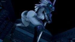 3d_(artwork) alien animated anthro anus arm_feathers arm_tuft armor avian blue_eyes breasts cryogenic_(artist) dancing dark digital_media_(artwork) digitigrade face_covered feather_hair feathered_crest feathers female genitals glowing glowing_eyes grey_body grey_scales halo_(series) head_crest headgear headgear_only helmet helmet_only kig-yar low-angle_view microsoft non-mammal_breasts pole pole_dancing pseudo_hair rear_view scales scalie short_tail solo spurs_(anatomy) t'vaoan tail tuft vulva xbox_game_studios