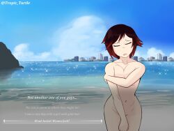 rwby tropic_turtle ruby_rose 1girls solo_female nude_female half-dressed half_naked half_naked_female black_hair black_hair_female red_highlights dialogue dialogue_options covering_breasts covering_crotch beach oceanic_dolphin