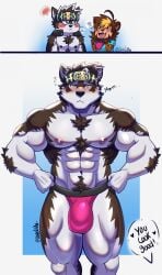 2025 abs absurd_res accessory annoyed anthro areola artist_name barazoku big_bulge biped blue_clothing blue_shirt blue_topwear blush bodily_fluids border brown_body brown_fur bulge canid canine canis chest_tuft clothed clothed_anthro clothed_male clothing colored comic darolion detailed_bulge dialogue duo embarrassed english_text felid fingers fist front_view frown fur gradient_background hands_on_hips headband hi_res holding_clothing holding_jockstrap holding_object holding_underwear horkeu_kamui_(tas) humanoid_hands hybrid jockstrap jockstrap_only leon_(darolion) lifewonders liger looking_at_viewer male male/male mammal muscular muscular_anthro muscular_arms muscular_legs muscular_male navel nipples open_mouth open_smile pantherine pecs pink_clothing pink_jockstrap pink_underwear pose pubes shaded shirt simple_background smile speech_bubble standing sweat sweatdrop talking_to_another text tokyo_afterschool_summoners topless topless_anthro topless_male topwear tuft underwear underwear_only white_body white_border white_fur wolf