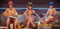 3d 3d_(artwork) 3girls antifragile_kira-kira areolae asian asian_female beanie blizzard_entertainment blue_hair bottomless breasts casual crossed_legs d.va fearless_d.va fearless_juno female female_focus female_only highres juno_(overwatch) kiriko_(overwatch) large_breasts le_sserafim light-skinned_female light_skin medium_breasts nipples noodles nude overwatch overwatch_2 parted_lips pasties pinkmilkshake playing_videogame ramen shiny_skin topless