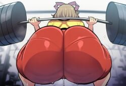 1girls 2d ai_generated back back_view big_ass bubble_ass cellulite crouching fat_ass female female_focus female_only full_body gym gym_bra gym_clothes gym_shorts gym_uniform haruka_(senran_kagura) hi_res hibiki120 huge_ass lifting lifting_weights light-skinned_female light_brown_hair long_hair marvelous pink_ribbon red_gym_shorts red_shorts ribbon round_ass senran_kagura senran_kagura_(series) shoes solo sports_bra standing sweaty thick_thighs thight_clothing training weightlifting weights wide_hips workout yellow_sports_bra