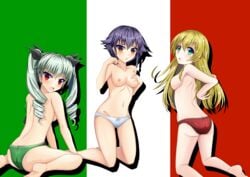 3girls anchovy ass black_hair blonde_hair blue_eyes blush breasts brown_eyes carpaccio drill_hair girls_und_panzer green_hair green_panties groin large_breasts multiple_girls navel nipples no_bra panties pepperoni_(girls_und_panzer) red_eyes red_panties underwear white_panties