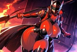 1girls ai_generated atlus big_breasts black_headband cleavage cleavage_overflow coat female female_focus female_only fire flames genderswap genderswap_(mtf) headband helmet holding holding_weapon huge_breasts illustrious_(stable_diffusion) magatsu_izanagi mtf_crossgender open_clothes open_coat persona persona_(species) persona_4 persona_4_arena persona_4_the_animation persona_4_the_golden red_skin red_skinned_female rule_63 sega shin_megami_tensei solo solo_female solo_focus tagme thick_thighs thighhighs weapon yellow_eyes