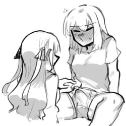 2girls aunt_and_niece bang_dream! bang_dream!_it's_mygo!!!!! blush bulge commentary_request cum cum_in_clothes erection erection_under_clothes futa_with_female futanari hair_ribbon liugo_zekino medium_hair misumi_uika monochrome multiple_girls premature_ejaculation ribbon sidelocks togawa_sakiko