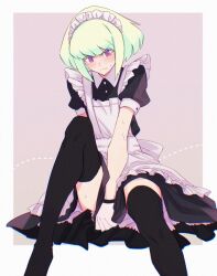 1boy androgynous black_socks blush blushing bob_cut clothing covering_crotch crossdressing cute embarrassed embarrassed_expression femboy femboy_only feminine_male flustered fully_clothed lio_fotia looking_at_viewer maid maid_dress maid_headdress maid_outfit male nervous petite petite_body petite_male promare short_hair shy slim slim_male slim_waist socks solo stockings thigh_socks thighhighs twink